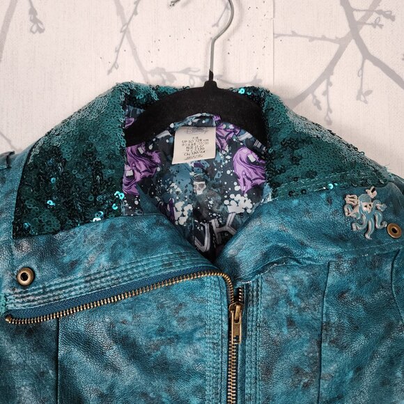 Disney Descendants 3 Uma Teal Green Sequin Faux Leather Moto Jacket - Picture 2 of 12